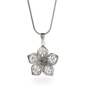 Sterling Silver Butterfly Necklace with Flower Side Accent  Silver 