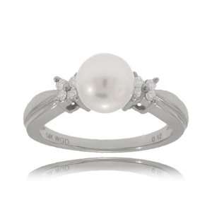  Freshwater Pearl Ring 7.5mm in White Gold w/ Diamonds 