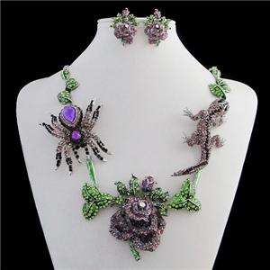 Spider Gecko Flower Necklace Earring Set Purple Swarovski Crystal Leaf 
