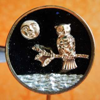 Early 1900s OWL AND MOON OVER WATER AT NIGHT gold filled and enamel 