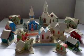  15 Vintage Miniature Putz Cardboard Christmas Houses 2 Church Village