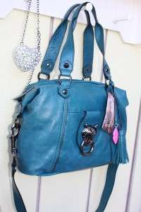   JOHNSON Leopard satchel purse handbag Turquoise bag studs $328  