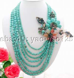 7Strds Turquoise&Agate&Flower Necklace 925 Sliver Clasp  