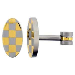  Stainless Steel Oval Shape Cufflinks Gold Plated Checkered 