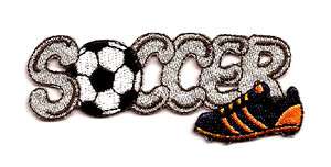SOCCER WORD W/BALL & SHOE, EMBROIDERED IRON ON APPLIQUE/PATCH  