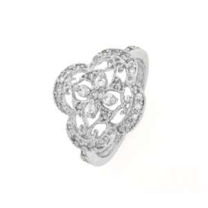   Pave Set Flower Design Antique Finish Ring Rhodium Plated Gift Boxed