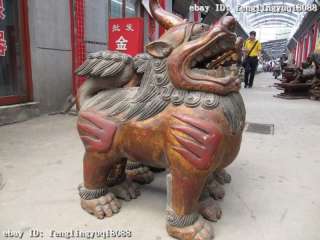   Chinese regius Wood Handwork painted Carved Foo Dog Lion Pair  
