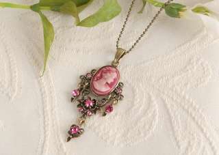 Pink Crystal Vintage ST Antique Gold GP CAMEO pendant necklace n1462 