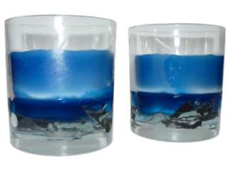 Maritimes Kerzenglas, Wachs und Gel, blau, 2 St. im Set  