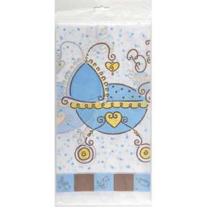 BABY SHOWER BLUE AND BROWN BOY BABY CARRIAGE TABLECOVER  
