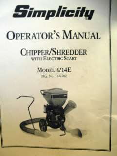 SIMPLICITY CHIPPER   SHREDDER OWNER MANUAL  MODEL 6/14e  