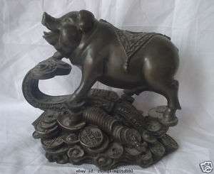 Lovely Chinese Bronze Treasure Money Pig On Ruyi Statue  