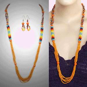  FIRE PATTERN SEED BEADED NATIVE BEADWORK LAYERED NECKLACE EARRINGS SET
