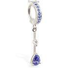 Silver jeweled Tummytoys belly ring with dangling blue teardrop, 14 ga