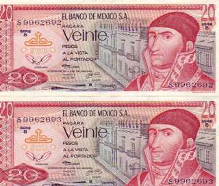 MEXICO $20   VEINTE PESOS   UNC SEQUENTIAL (1972)  