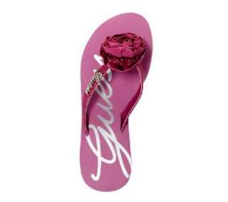 NEW GUESS PINK LOGO SABLE FLIP FLOP THONGS WEDGES ROSETTE SANDALS 5, 6 