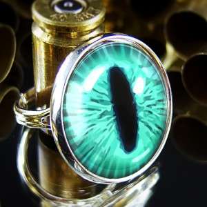 Teal Green Cat Eye Fantasy Taxidermy Halloween Silver Adjustable Ring 
