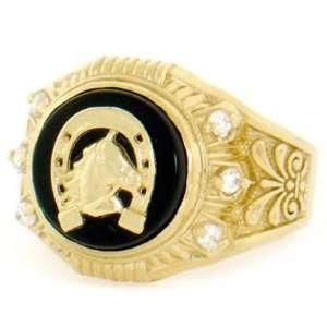    10K Solid Gold Round Onyx Lucky Horseshoe CZ Mens Ring Jewelry