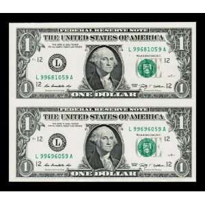  2 Uncut $1 Dollar Bills Series 2009 Collectors Item 