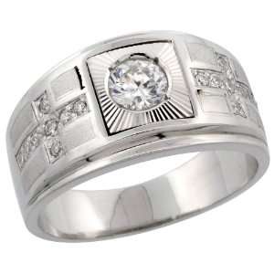 925 Sterling Silver Mens Double Cross Solitaire Mens Ring w 