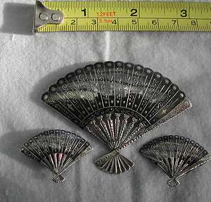 Vintage ANTIQUE SIAM STERLING SILVER FAN CLIP EARRINGS AND BROACH SET 