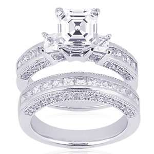 65 Ct Asscher Cut 3 Stone Diamond Engagement Wedding Rings Set CUT 