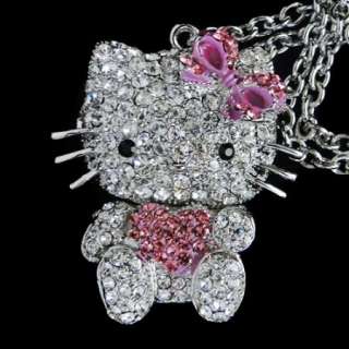Hello Kitty Bow Necklace Pendant Pink Swarovski Crystal Animal Cat 