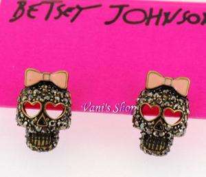   JOHNSON Jewelry Black crystal Skull Pink bow stud earrings ,gift box