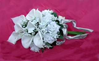 White CALLA LILY ROSES Bridal BOUQUET Silk Wedding Flowers 