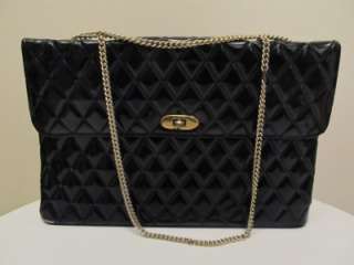 Vintage 60s mod black vinyl quilted handbag purse with gold chain 