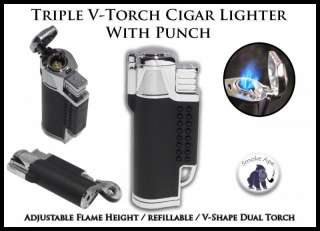 Deluxe Triple V Torch Flame Cigar Lighter w/ Built in Punch BLACK 