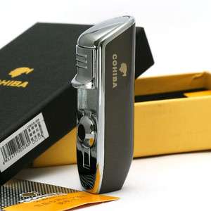 COHIBA 3 torch flame cigar lighter with cigar punch Black & Chrome 