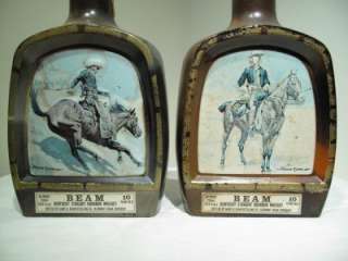PAIR VINTAGE JIM BEAM LIQUOR GLASS BOTTLES COWBOY HORSE  