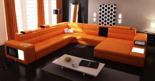 Polaris Modern Orange Leather Sectional Sofa w Light & Storage Shelves 