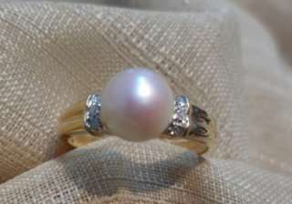 Ladies14k yellow gold 7mm cultured pearl diamond ring sz 73/4  