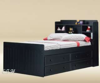 NEW BLACK BOOKCASE WOOD FULL CAPTAIN BED W/ 4 DRAWERS  