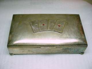 VINTAGE GERMANY SILVER PLAYING CARDS HINGED TRINKET BOX  