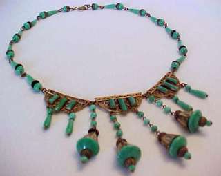 Vintage Victorian Revival Jade Green Czech Glass Gilded Gold Necklace 