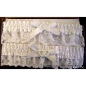   SET OF TWO DOUBLE PEARL HEART WHITE WEDDING GARTERS 