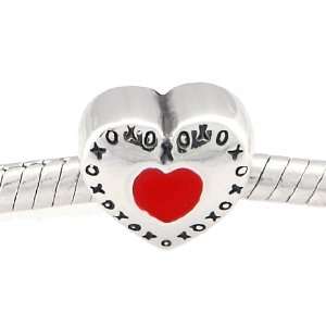   Sterling Silver Red Enameled Heart Xoxo Hugs and Kisses Bead Jewelry