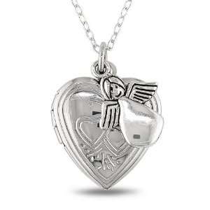  White Brass Locket with Hanging Angel Charm Heart Pendant 