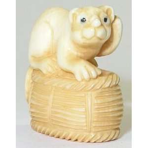  Cat on Basket   Mammoth Ivory Mini Netsuke
