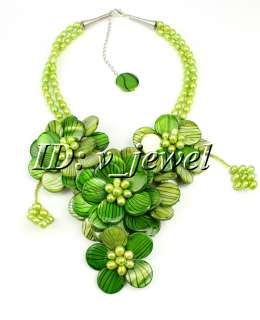 Mother Of Pearl Shell Green Pearl Flower Necklace VJ  