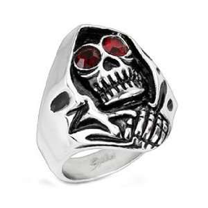   Polished Stainless Steel Biker Ring of Red Eyed Skull For Men Jewelry
