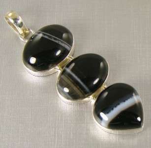 LARGE BLACK STRIPE ONYX SEMI PRECIOUS STONE 925 Silver Necklace 