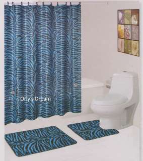  Mat Set/Fabric Shower Curtain/Fabric Covered Hooks ZEBRA BLUE  