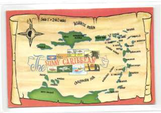 Sunny Caribbean MAP Postcard, St. Lucia (1960s) Stamps  