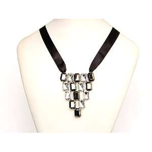 Black Ribbon Acrylic Crystal Metallic Bead Jeweled Bib Fashion V Shape 