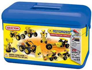 The Erector Motorized Construction Vehicles set includes approximately 