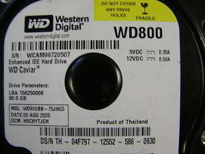 WESTERN DIGITAL 80GB IDE 7.2K HARD DRIVE WD800BB 75JHC0 718037103938 